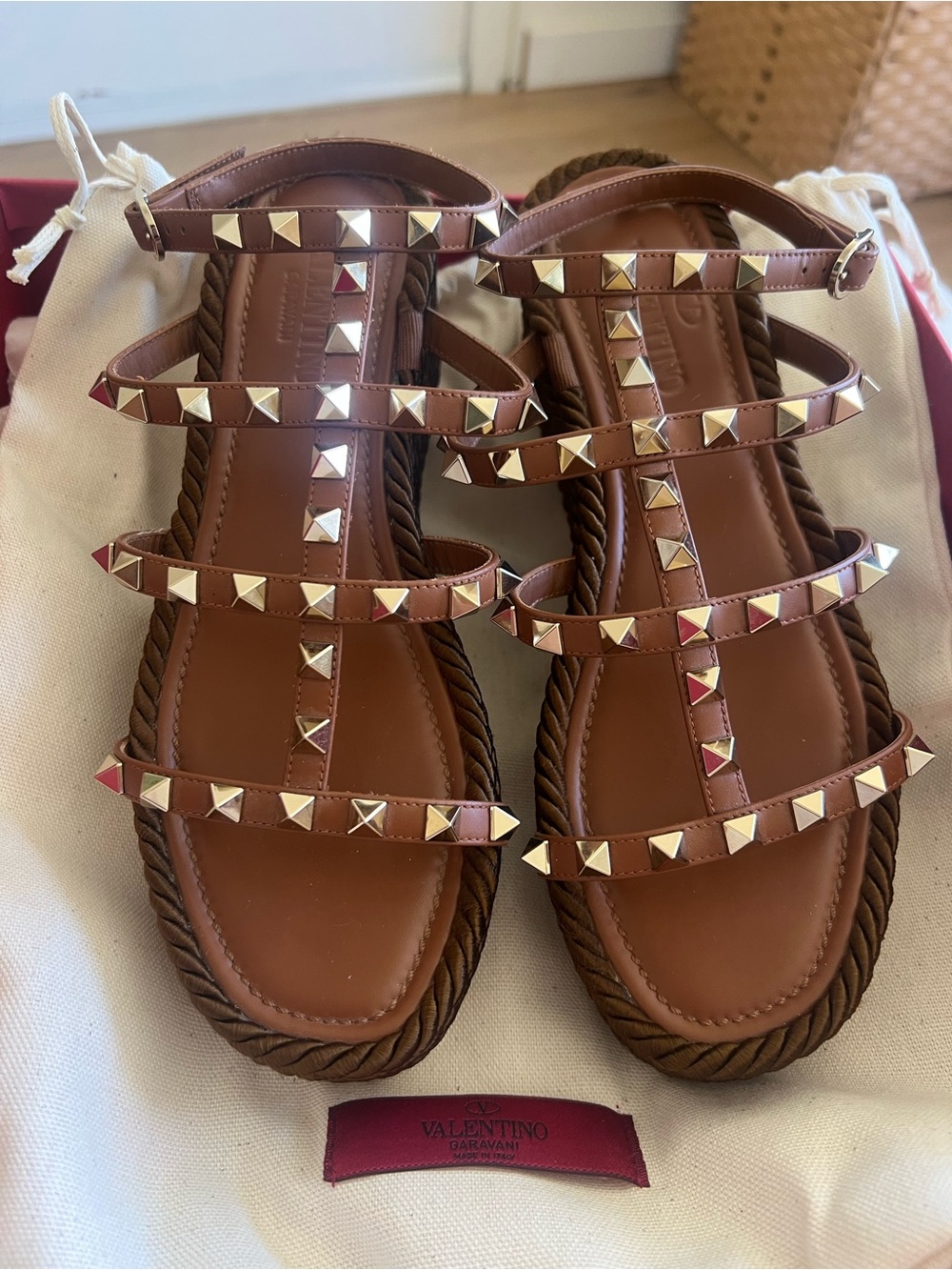 Valentino Brown Leather Rockstud Multi-Strap Platform Sandals-37